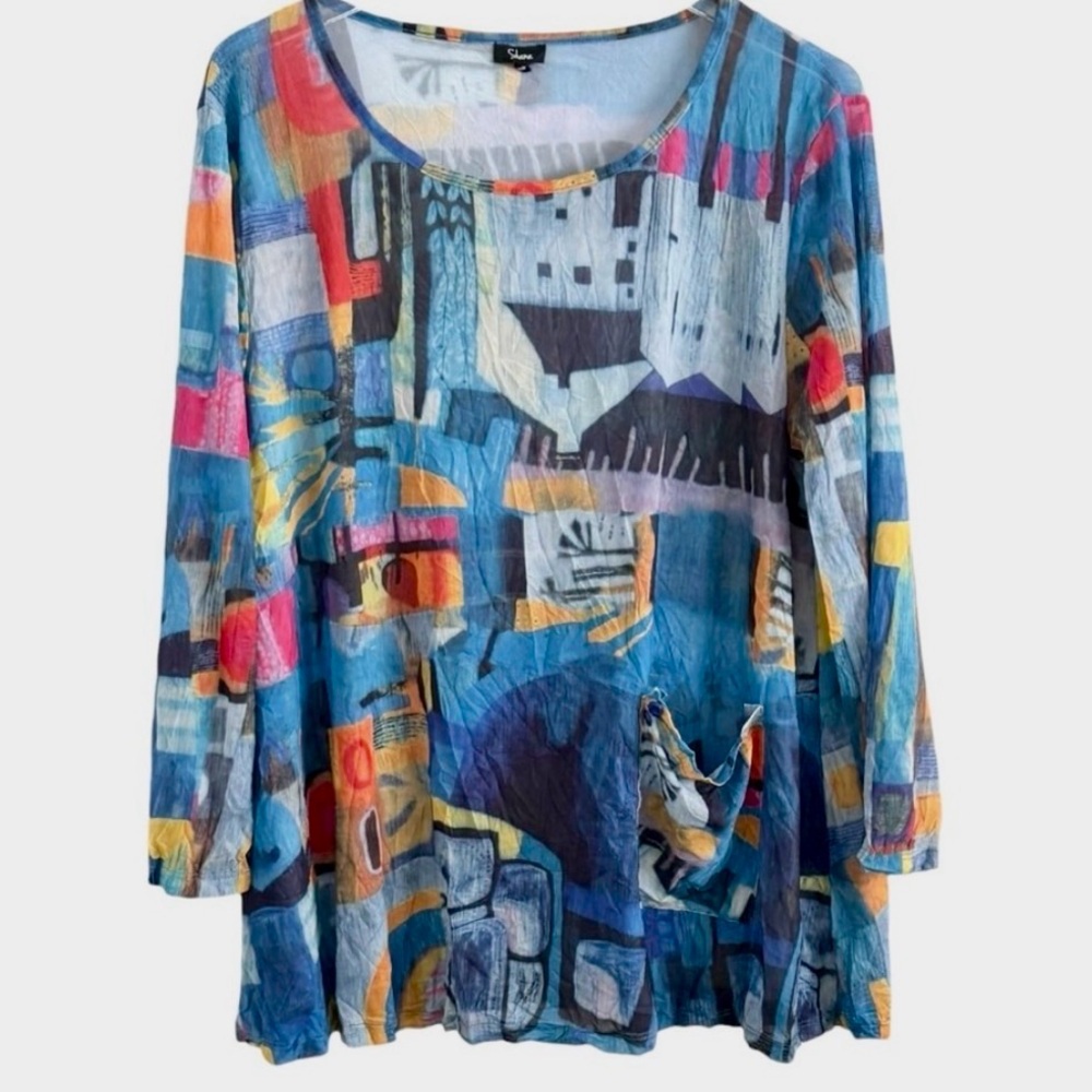 SHANA Lightweight Abstract Print Long-Sleeve Tunic Top - Blue Mix, Medium - Picture 2 of 7